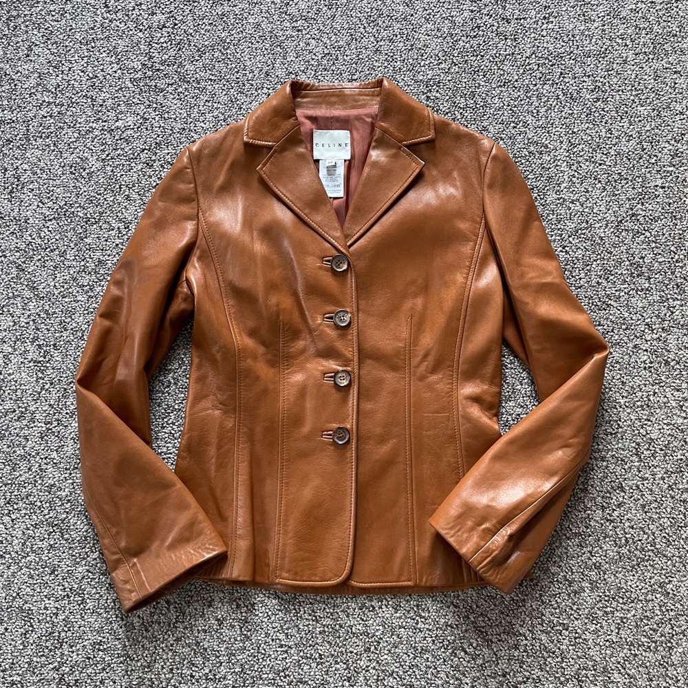 Celine Made in France Brown Soft Lambskin Leather Blazer Jacket 36